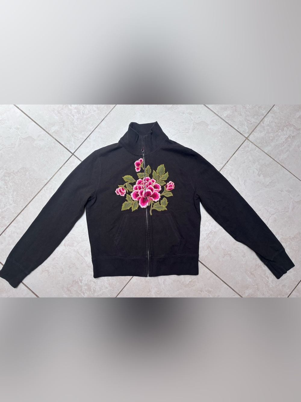 Lucky Brand  Zip-Up Jacket with Pink Floral Embroidery